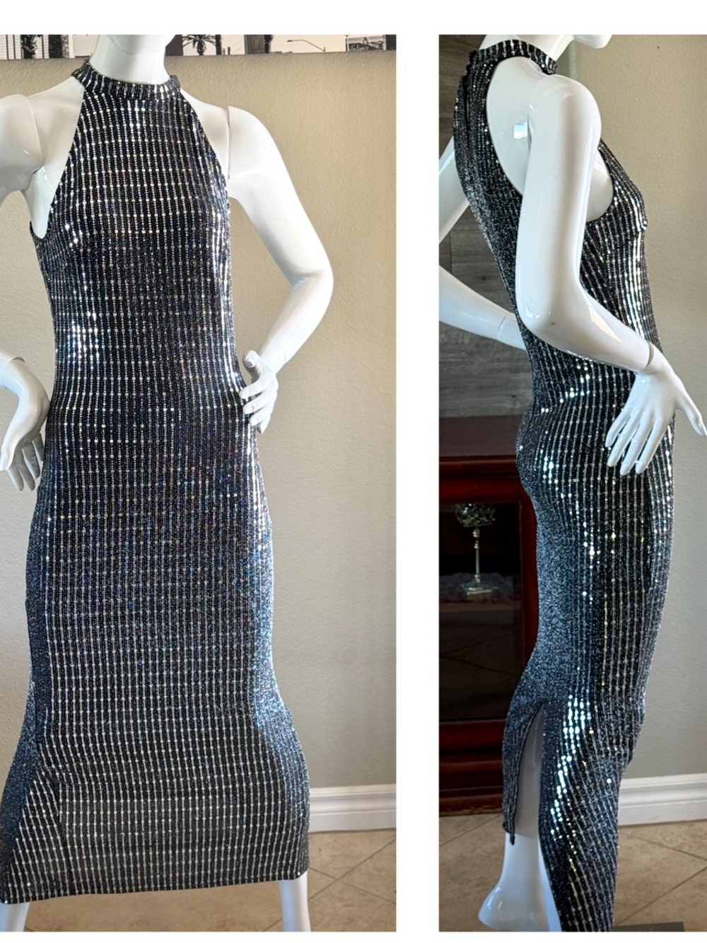 Vintage Disco silver Sequin Halter Evening Dress in Black 4